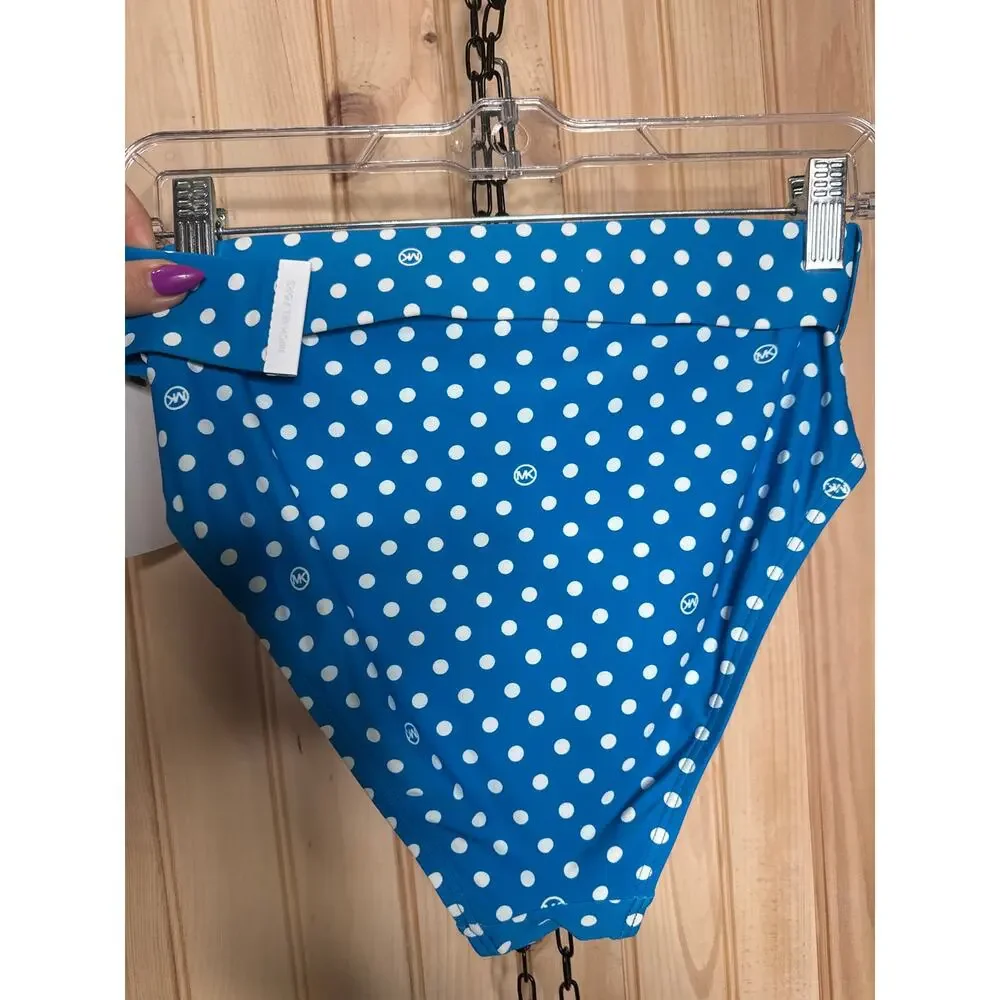 NWT Michael Kors Swim Bikini Bottoms Blue Polka Dot High-Waist Belted Size XS
